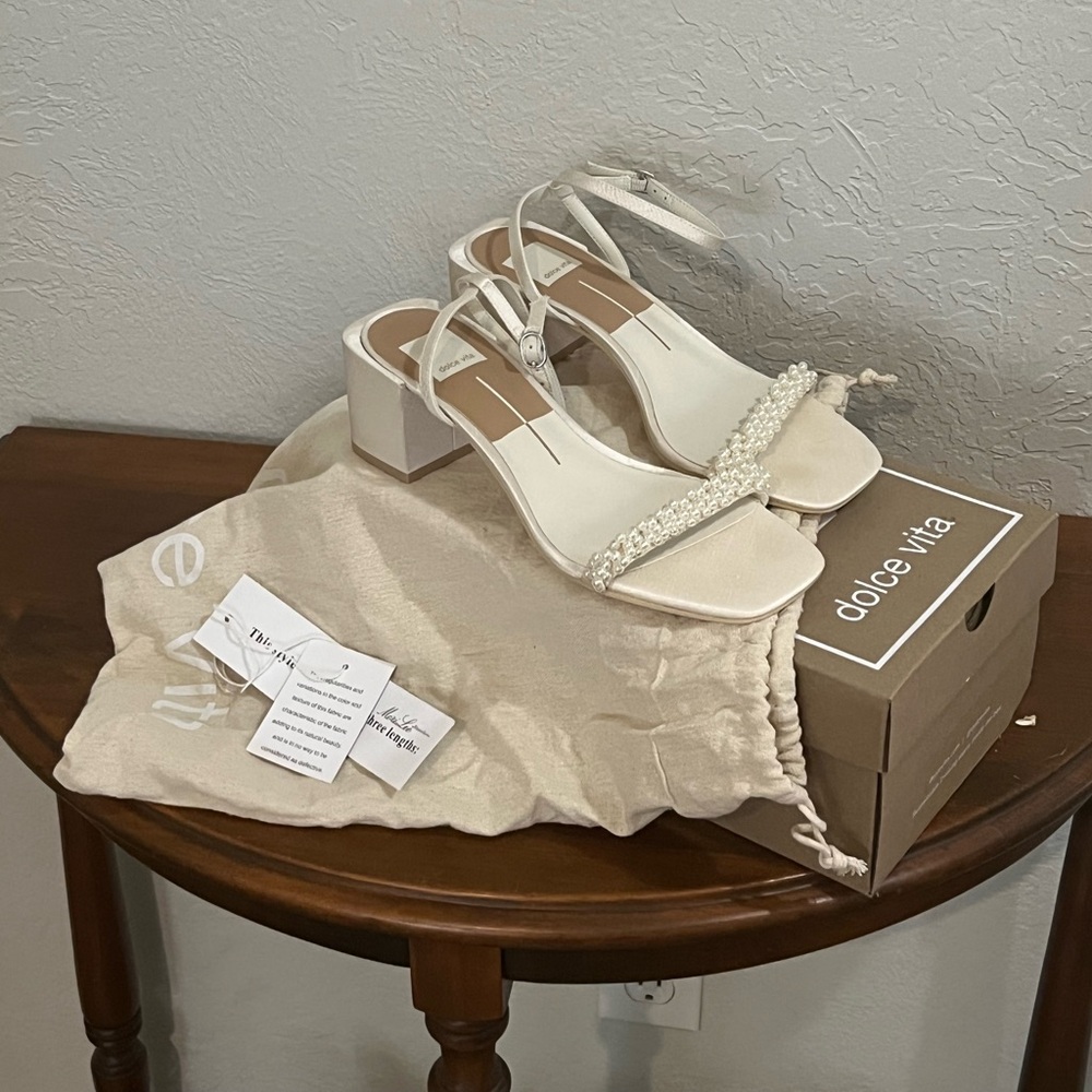 Dolce Vita Ivory Pearl-Trim Ankle Strap Block Heels - Picture 2 of 9